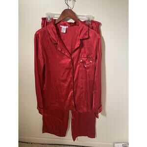 Vintage Pink by KMart 2 Piece Satin Pajama Set Womens Large Red Embroider Pocket